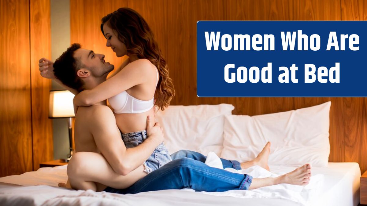 Beautiful woman in bra sit on handsome guy and embrace him with legs on a bed.